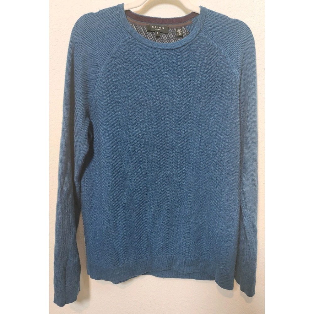 Ted Baker London Men's Crewneck Sweater Size 4 Large Blue Textured Wool Blend